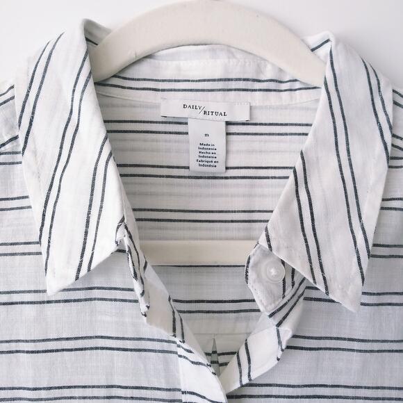 Daily Ritual M 100% Cotton Button Blouse Shirt Top Charcoal Stripe Lightweight - Picture 3 of 9